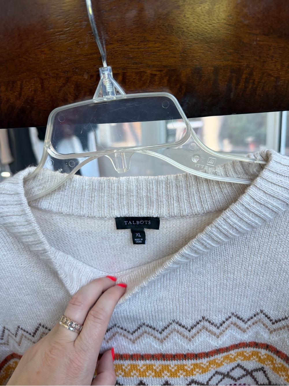 Talbots Fox Fair Isle Sweater XL Ivory Cotton Blend Shoulder Button Pullover - Picture 3 of 7
